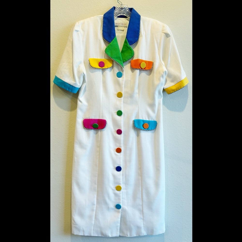 Vintage Megan Moore Colorful Button Down White Dress